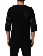 Dolce & Gabbana Black Cotton Floral Lace Crew Neck T-shirt