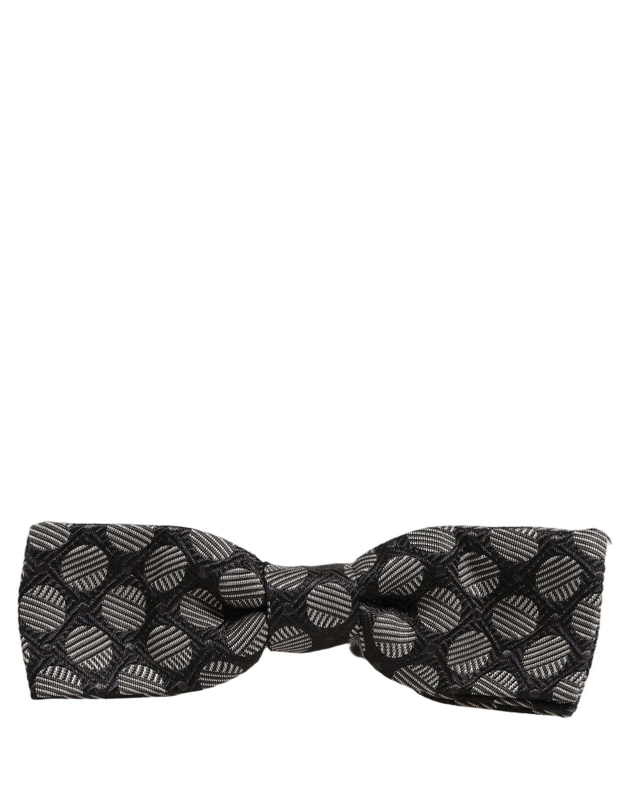 Dolce & Gabbana Dark Gray White Geometric Silk Adjustable Neck Papillon Bow Tie